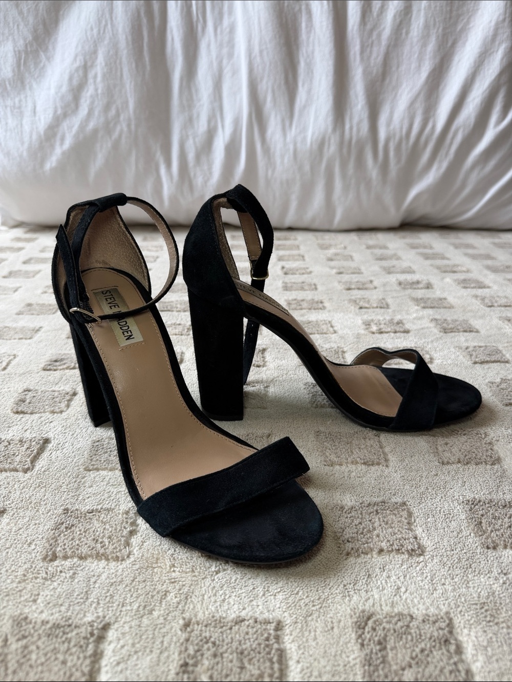 Steve Madden Black Suede Ankle-Strap Block Heel Sandals